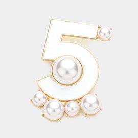 white Pearl Embellished Enamel NO. 5  Brooch