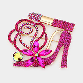 pink Rhinestone Pave High Heel Flower Lipstick Brooch