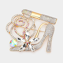 AB Rhinestone Pave High Heel Flower Lipstick Brooch