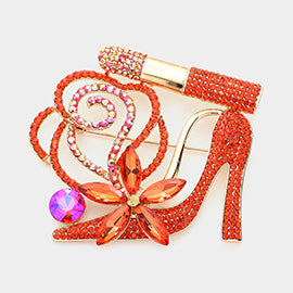 Orange Rhinestone Pave High Heel Flower Lipstick Brooch