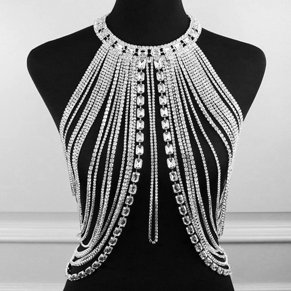 Emerald Cut Rhinestone Cluster Pointed Rhinestone Paved Fringe Wrapped Body Chain Necklace