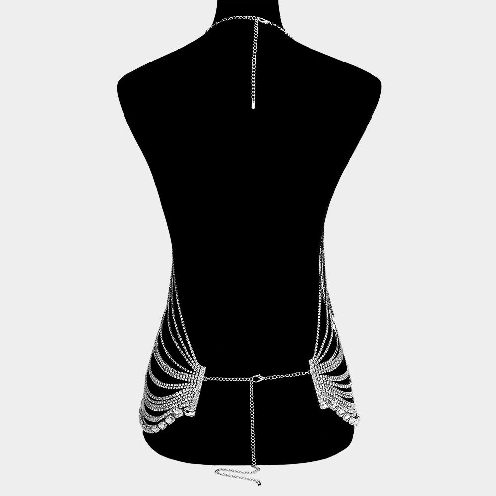 Emerald Cut Rhinestone Cluster Pointed Rhinestone Paved Fringe Wrapped Body Chain Necklace