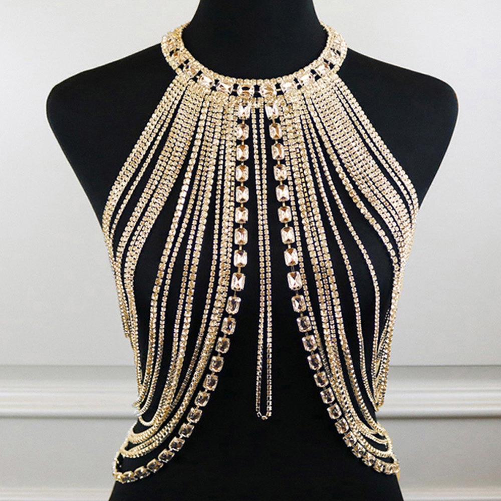 Emerald Cut Rhinestone Cluster Pointed Rhinestone Paved Fringe Wrapped Body Chain Necklace