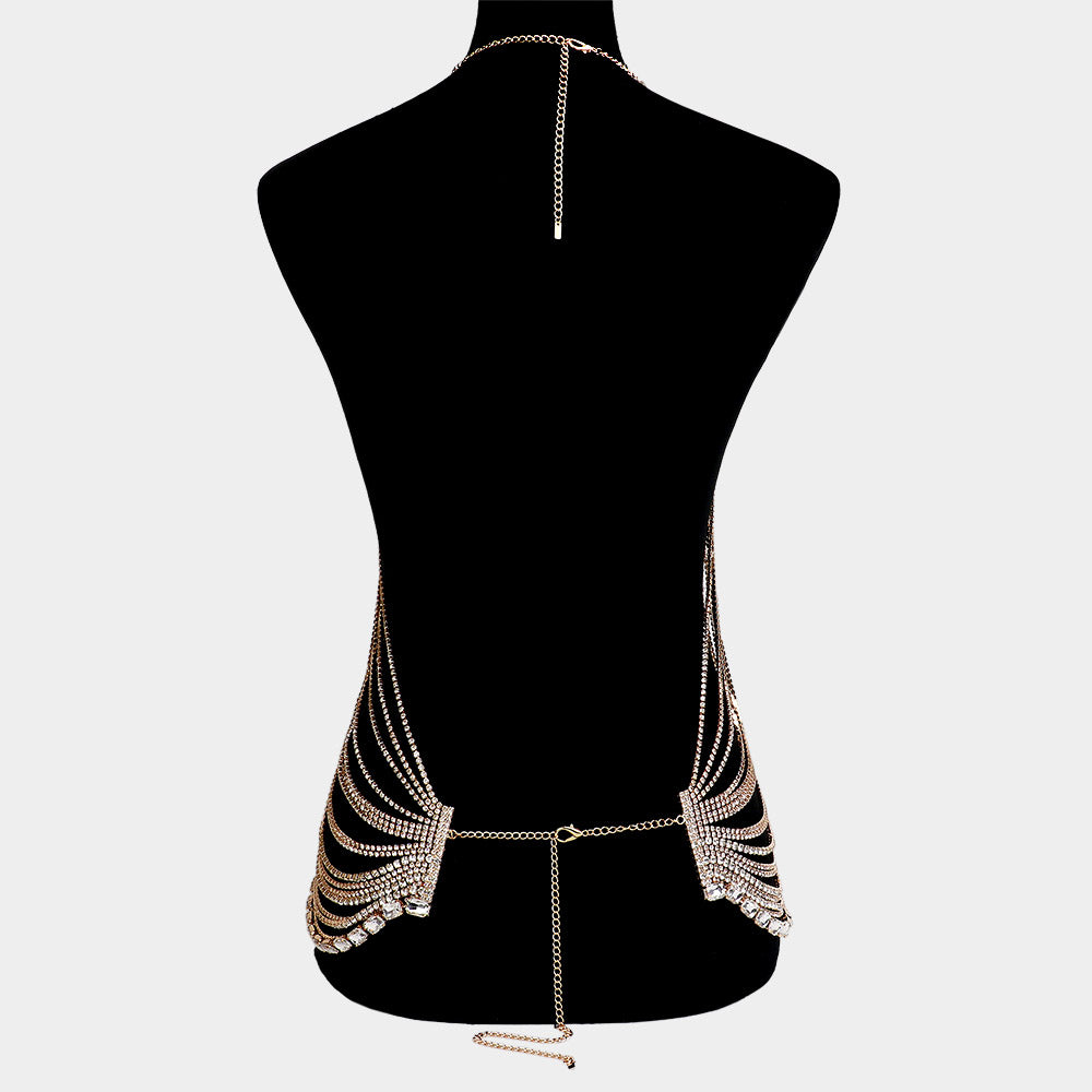 Emerald Cut Rhinestone Cluster Pointed Rhinestone Paved Fringe Wrapped Body Chain Necklace