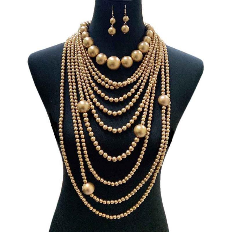 Gold Pearl Multi Strand chunky  necklace