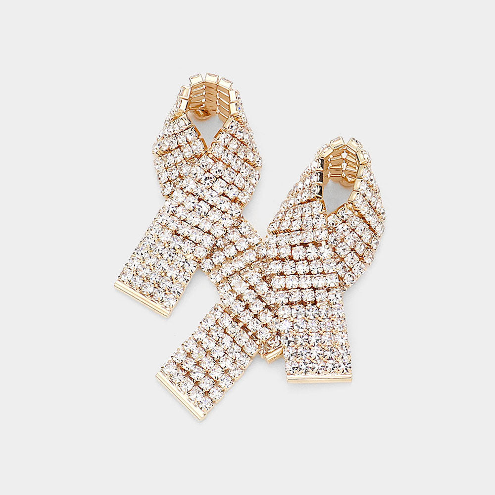 Rhinestone Paved Clear stone Pink Ribbon Stud Earrings