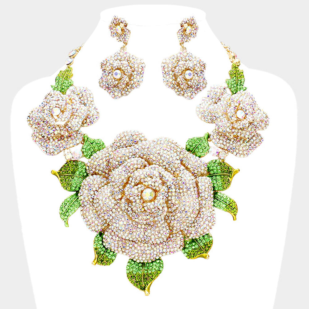 crystal gold ab pave rose flower accent evening necklace