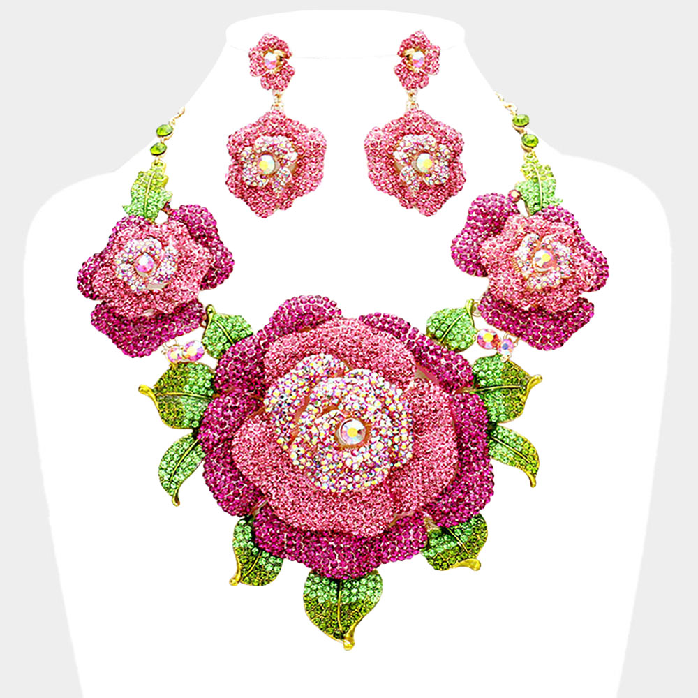 crystal fuchsia gold pave rose flower evening accented necklace