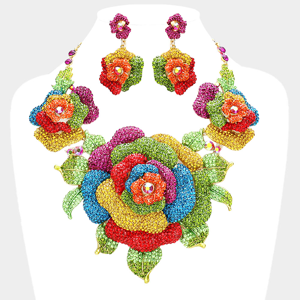 crystal gold multi pave rose flower evening accented necklace