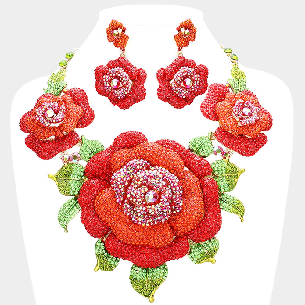 crystal gold red pave rose flower evening accented necklace