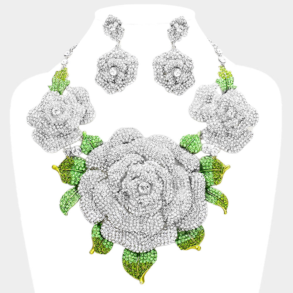 crystal silver pave rose flower evening accented necklace