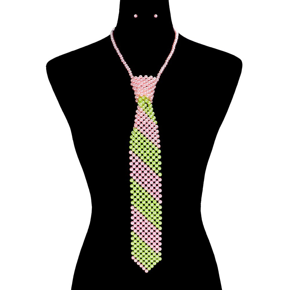 pink & green pearl tie necklace
