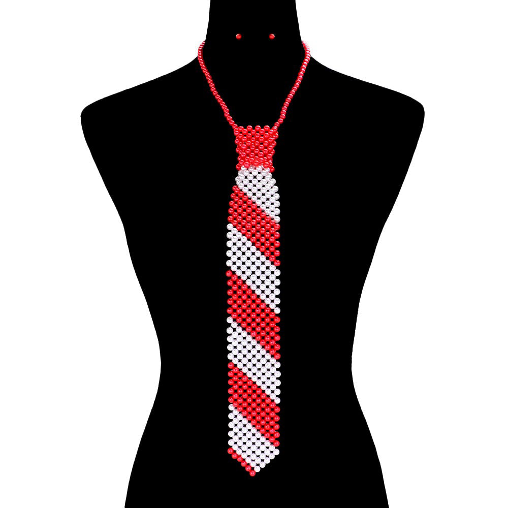 red  & white pearl tie necklace