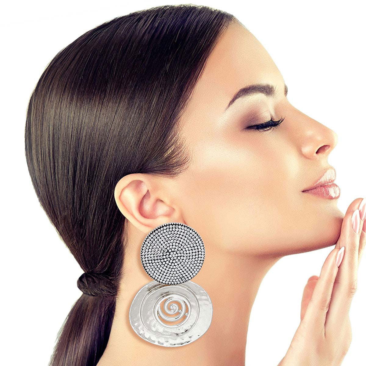 Heavy Silver Round Pave Stone Clip Ons