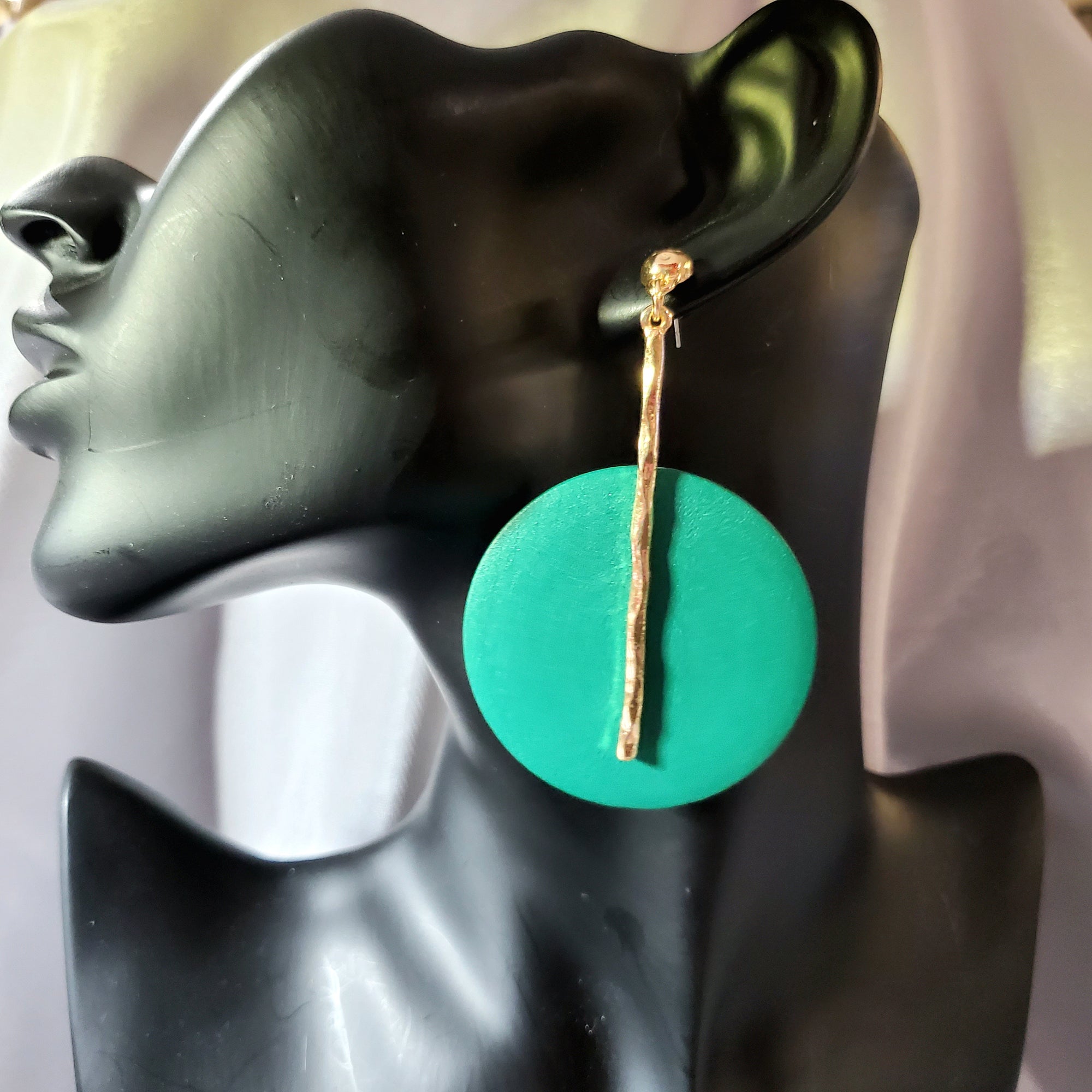 Green wooden drop earring