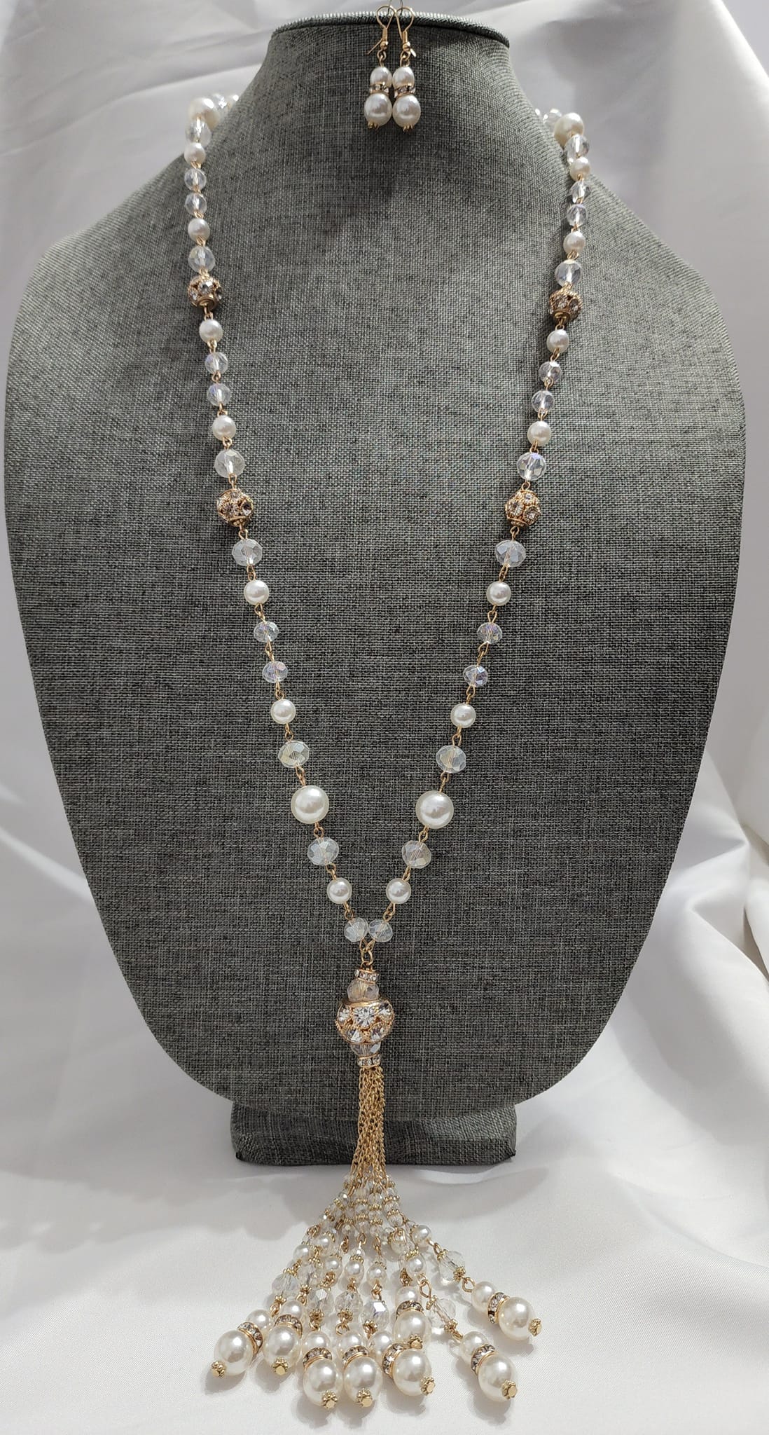 GOLD pearl bead tassel necklace set