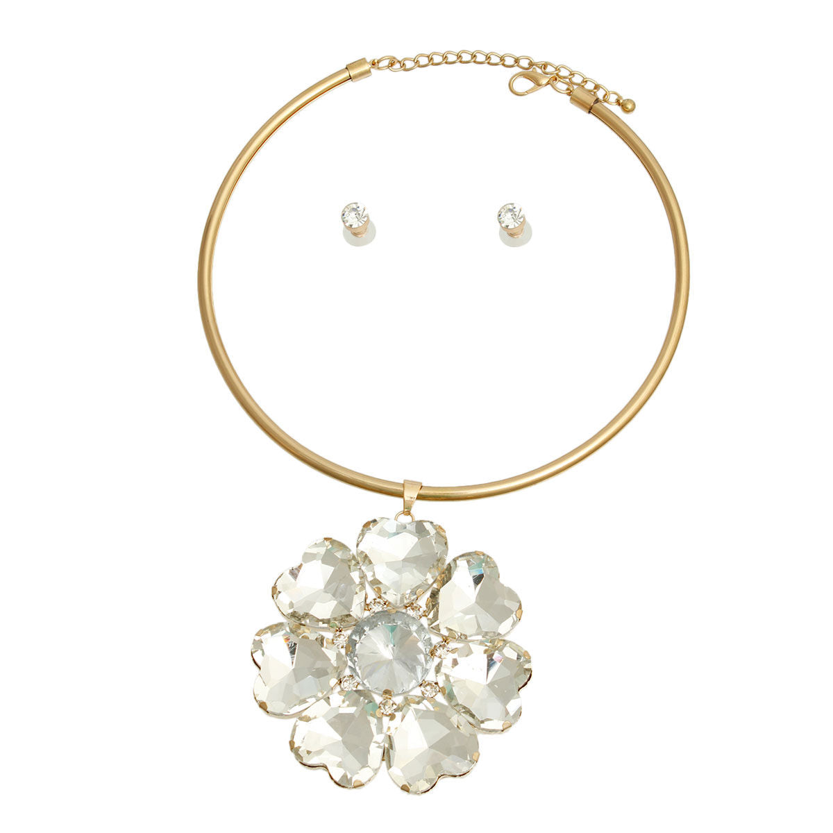 Gold Crystal Heart Flower Necklace