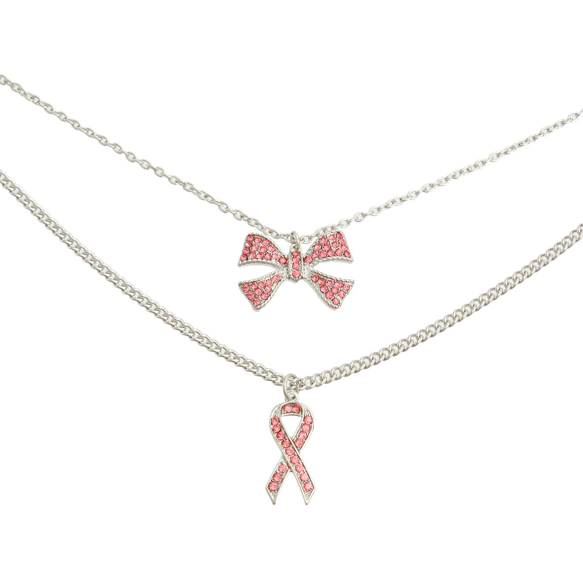 Pink Ribbon Double Layer Silver Necklace Set