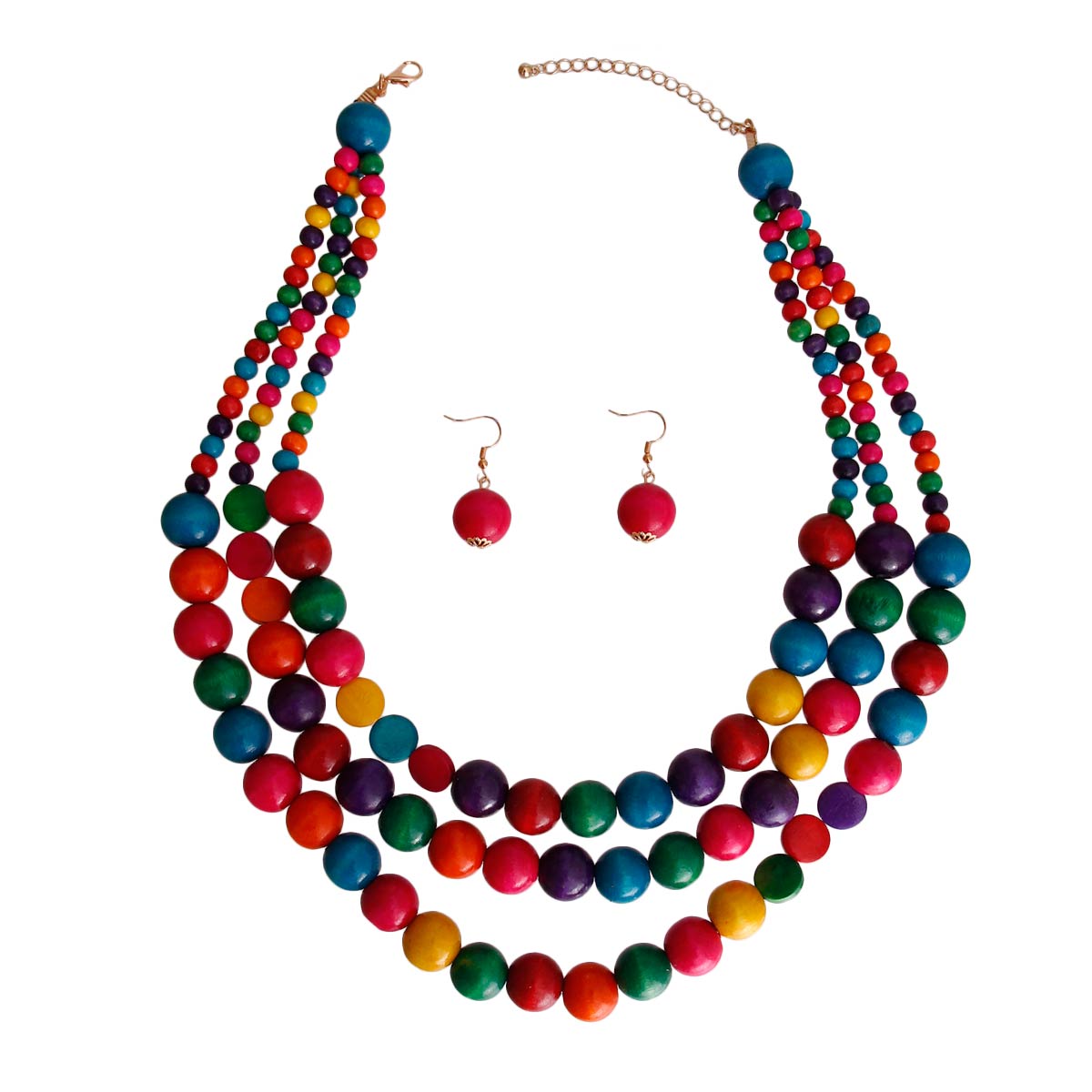 Rainbow Round Wood Bead 3 Strand Necklace