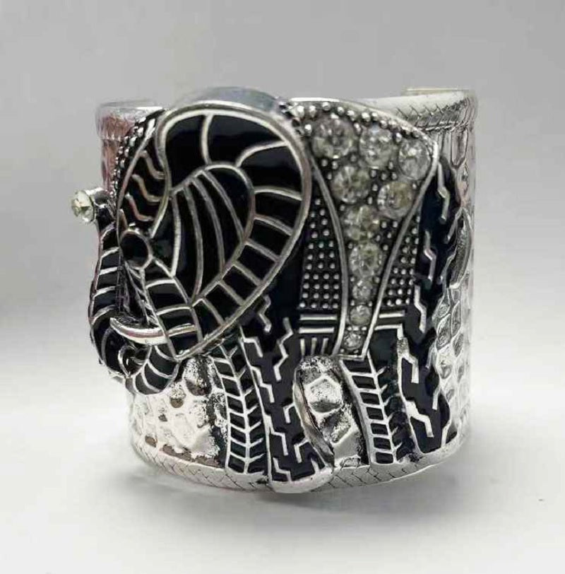 ANTIQUE SILVER CUFF BANGLE BLACK ELEPHANT CLEAR STONES