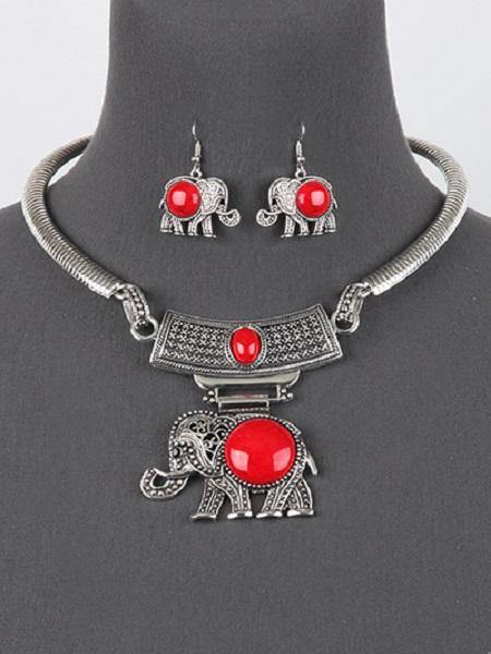 Burnish Silver and Red Elephant Stone Necklace Set