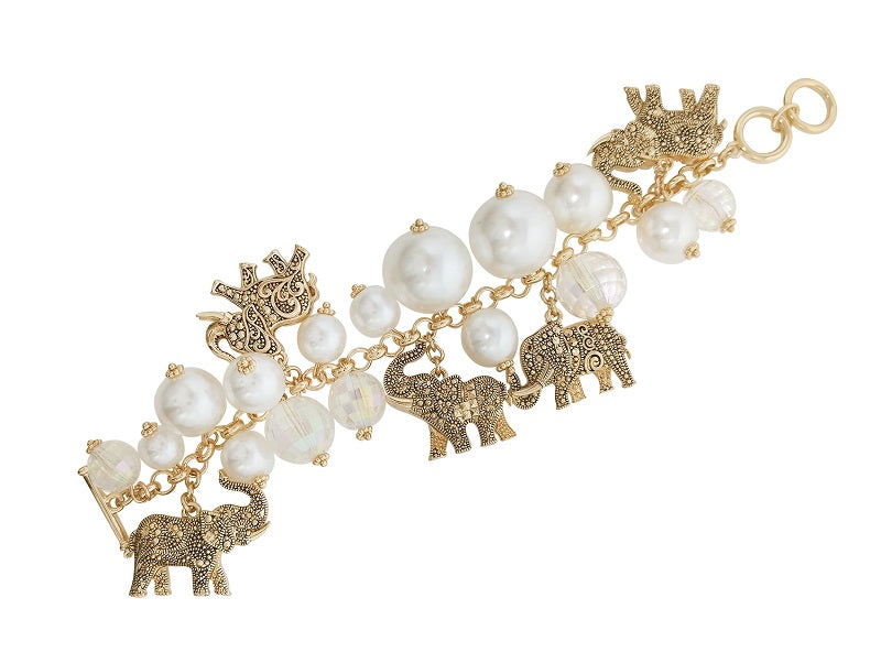 CHUNKY CREAM PEARL GOLD ELEPHANT CHARM BRACELET