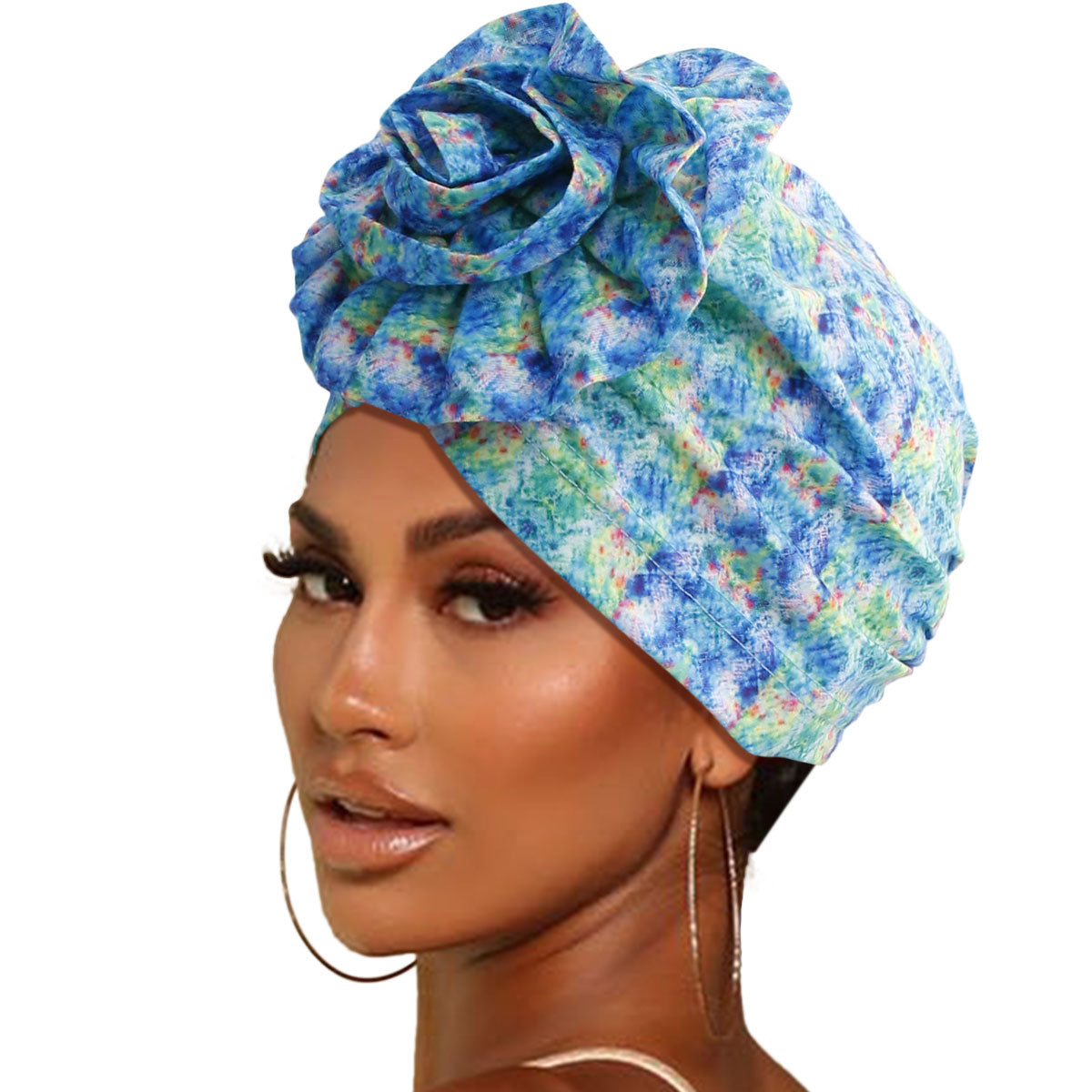 Blue Tie Dye Flower Knot Turban