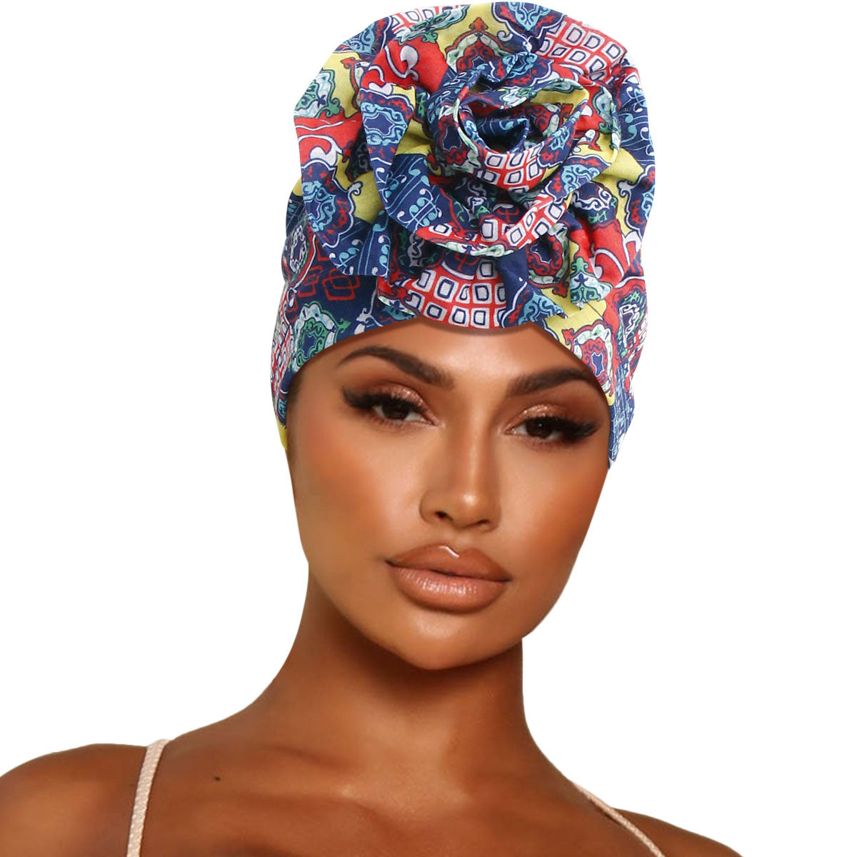 Navy African Print Flower Knot Turban