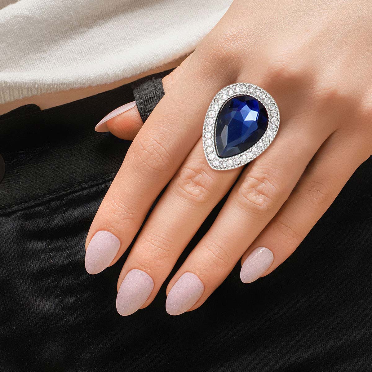 Elegant Navy Silver Teardrop Ring