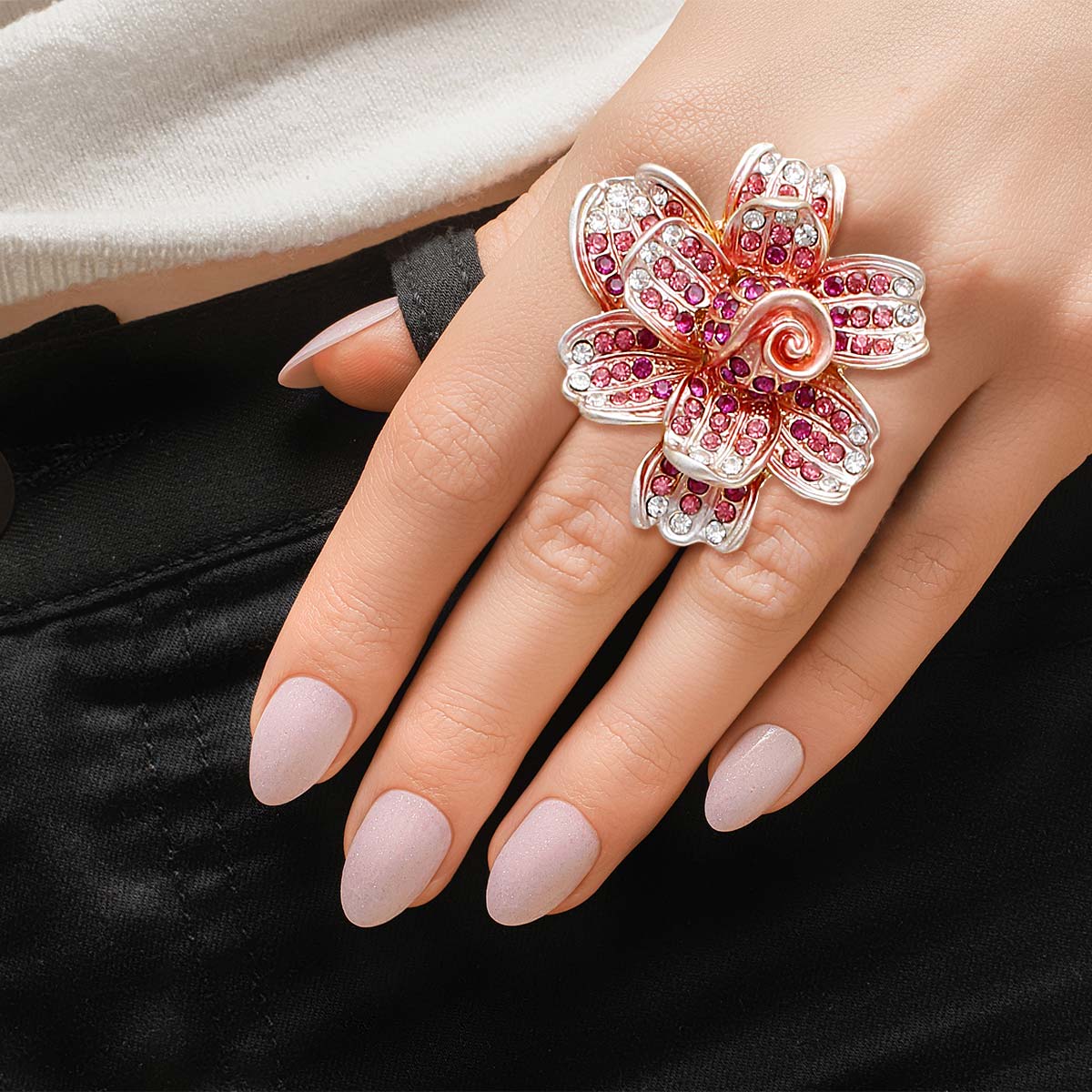 Pink Rhinestone Flower Stretch Ring