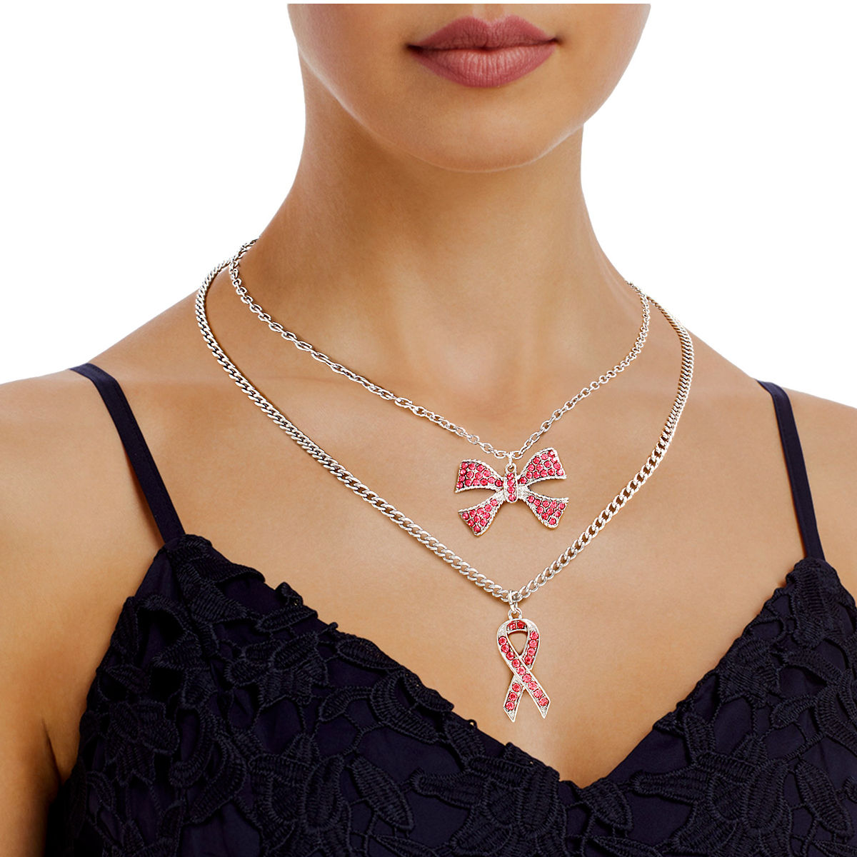 Pink Ribbon Double Layer Silver Necklace Set