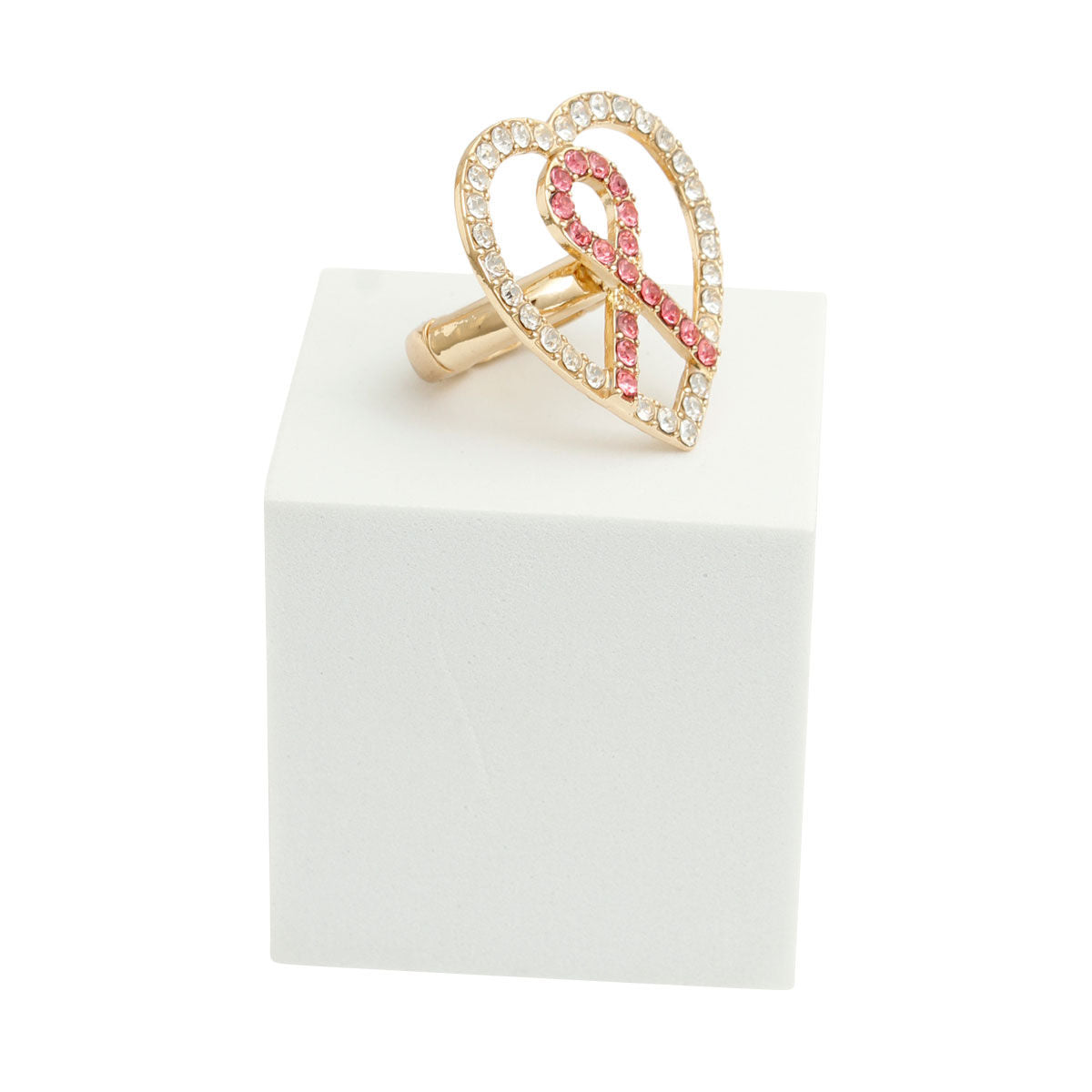 Pink Ribbon Clear Heart Ring
