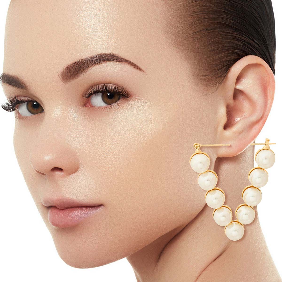 Cream Pearl Studded Triangle Hoops