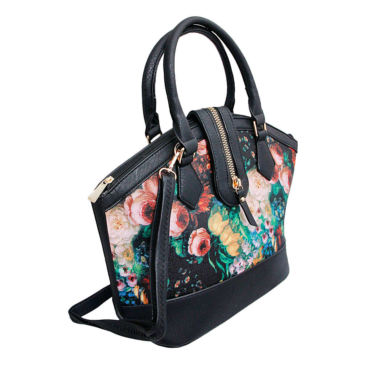 Black Painted Flower Zipper Bag