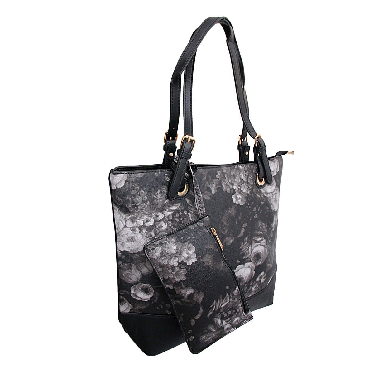 Black and White Painted Flower Tote Bag Set