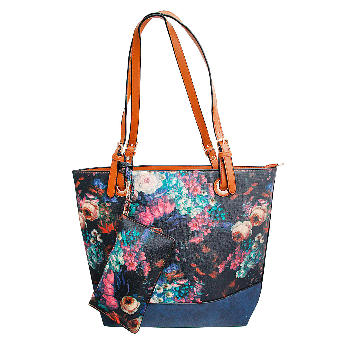 Navy Painted Flower Tote Bag Set