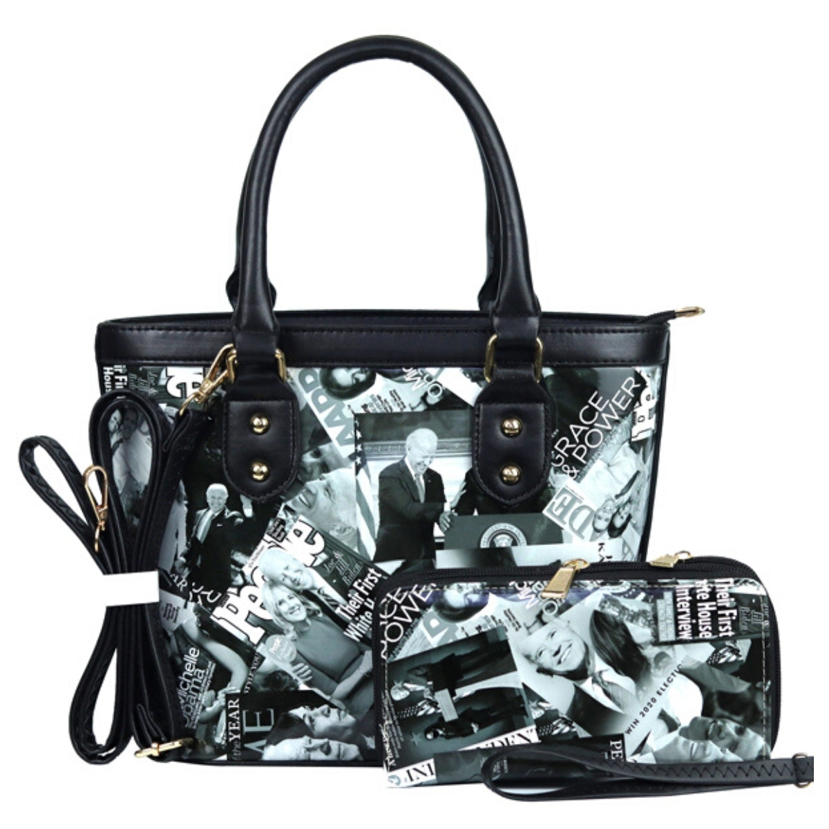 Black and White Kamala, Biden and Obama Handbag Set