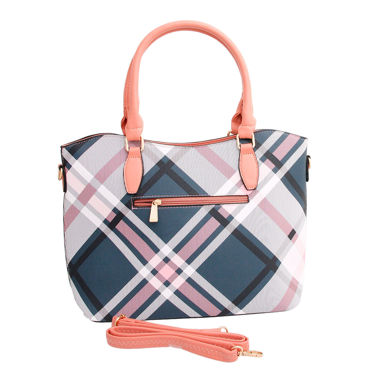 Pink Plaid Pocket Tote Handbag