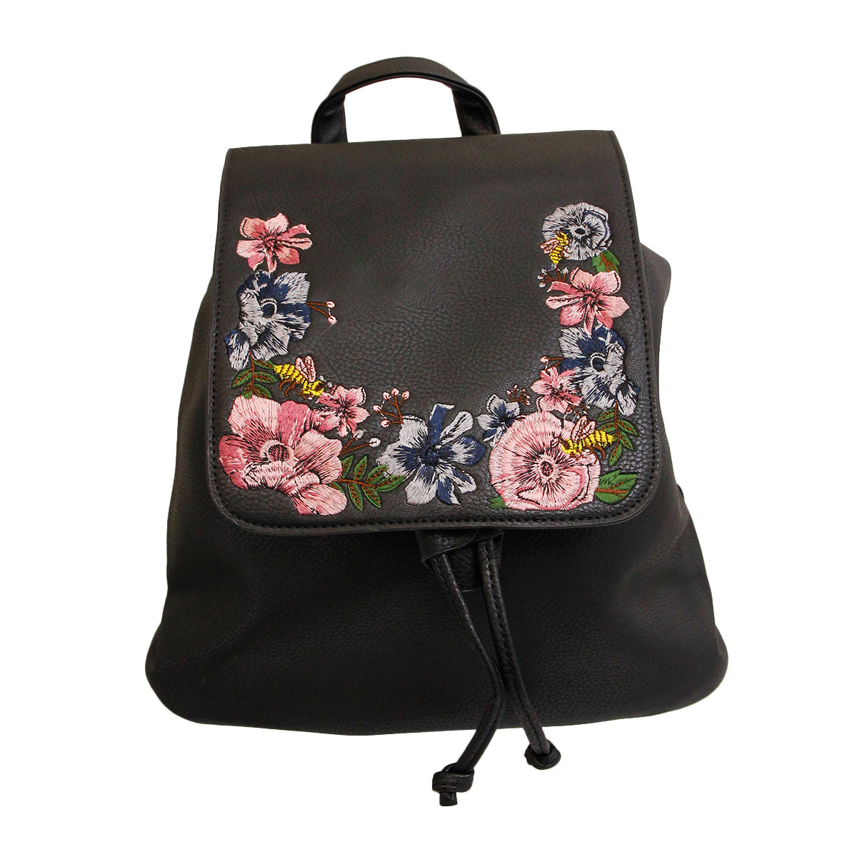 Black Embroidered Flower Backpack