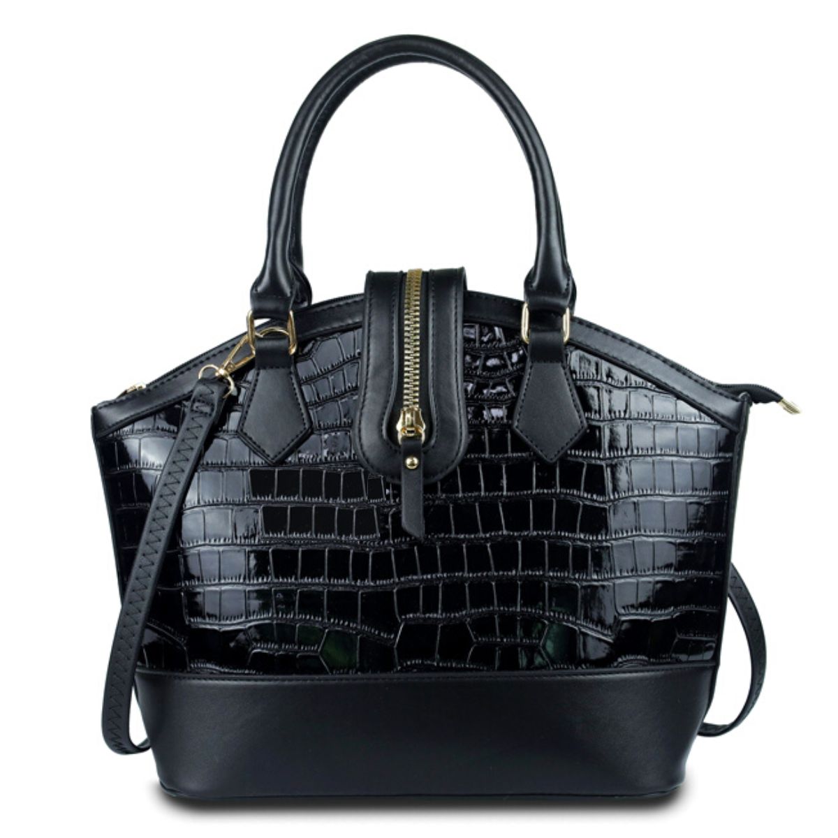 Black Croc Zipper Tote Handbag