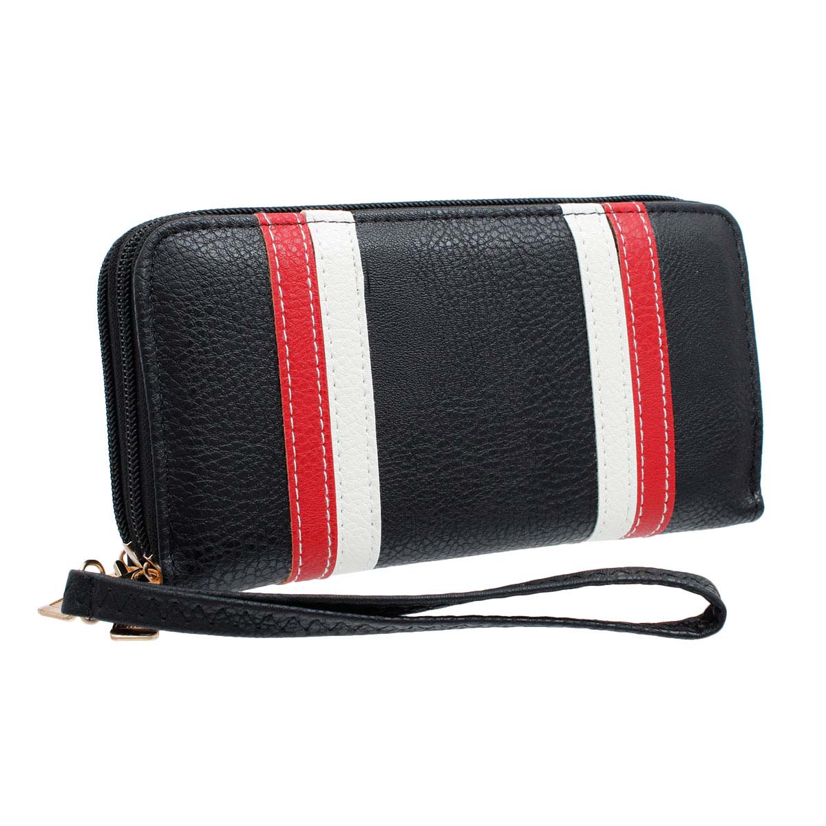 Black Striped Double Zipper Wallet