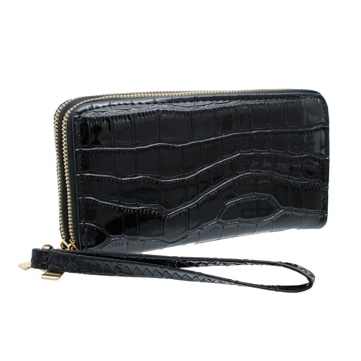 Black Croc Double Zipper Wallet