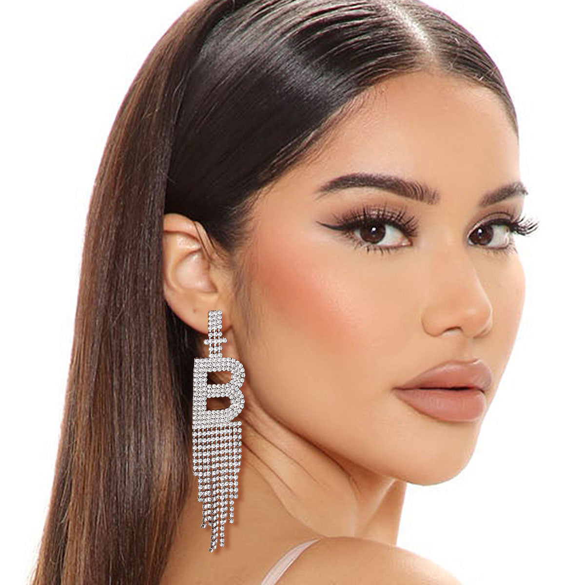 B Rhinestone Fringe Earrings