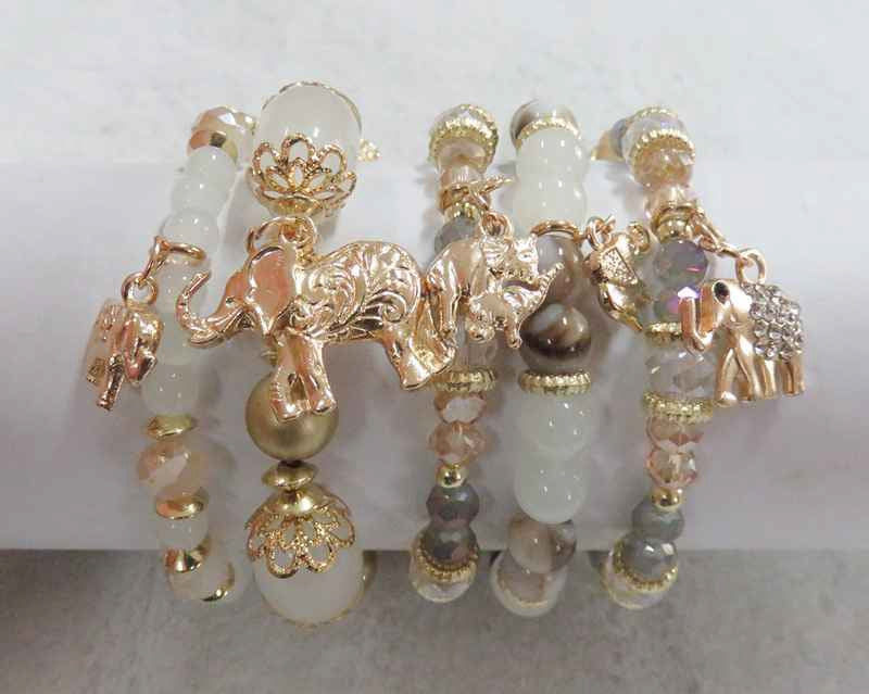 GOLD WHITE STRETCH BRACELETS ELEPHANTS