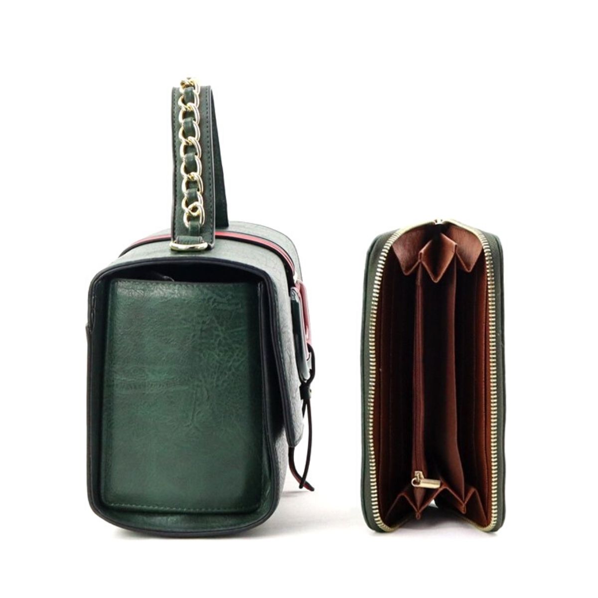 Green Leather Designer Satchel Set