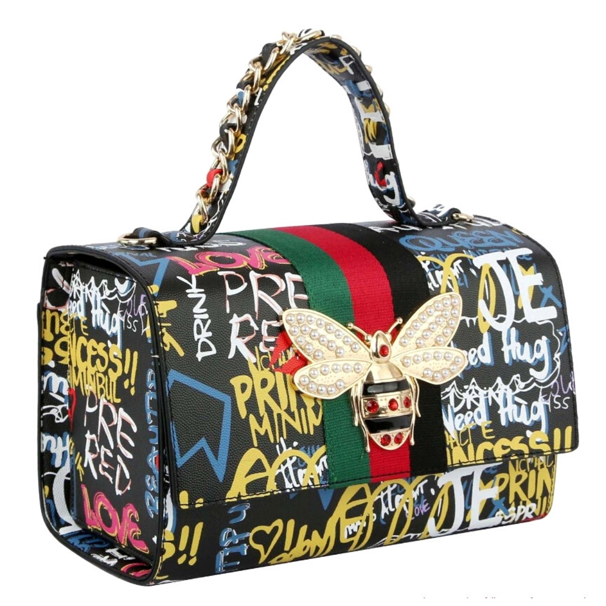 Designer Black Graffiti Satchel Bag Set