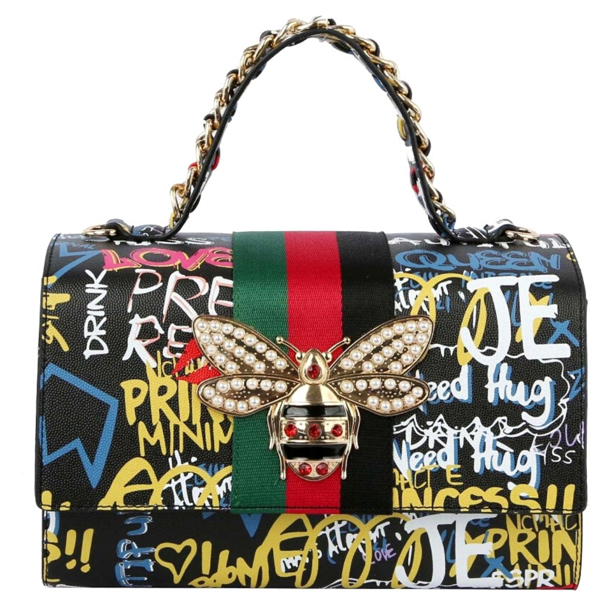 Designer Black Graffiti Satchel Bag Set