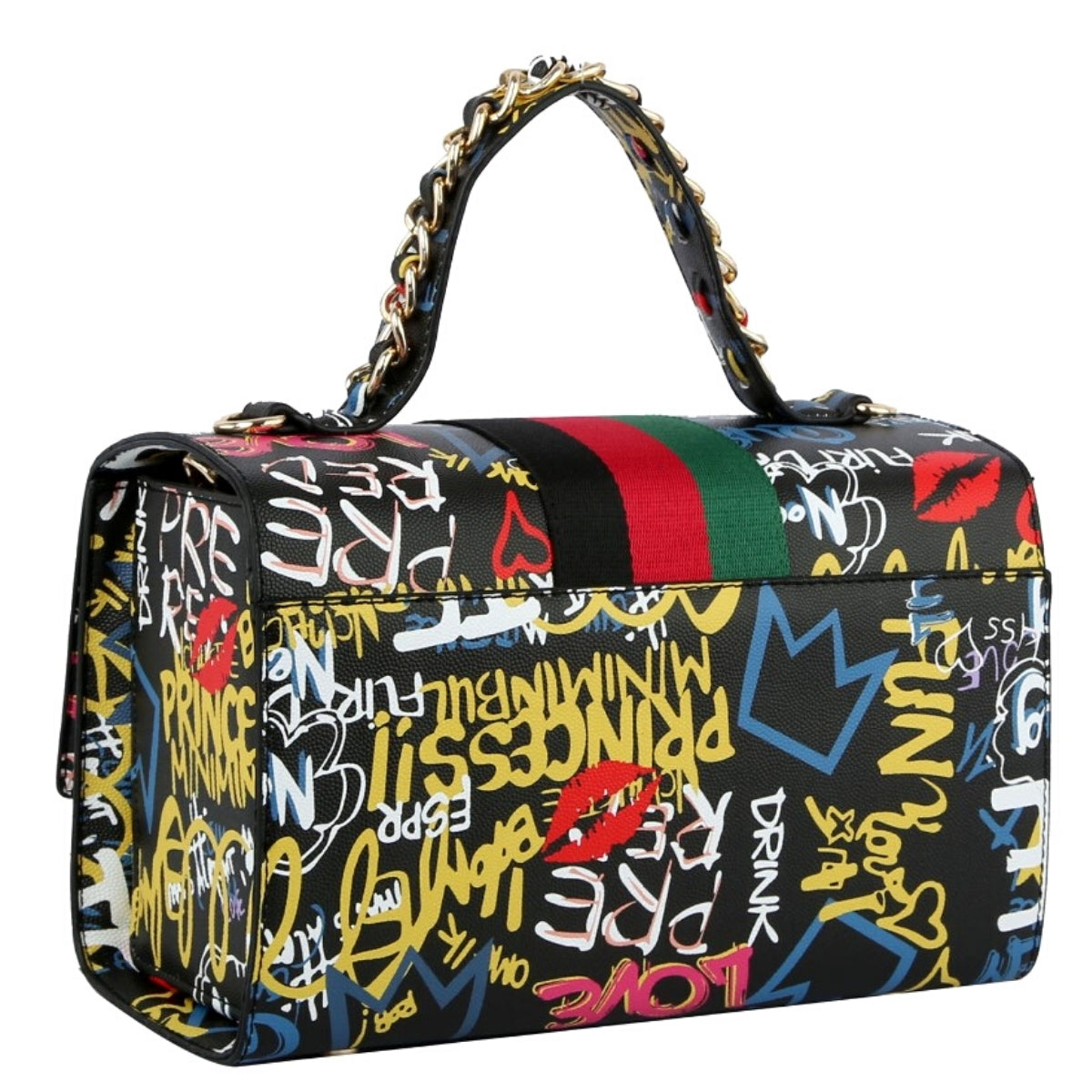 Designer Black Graffiti Satchel Bag Set