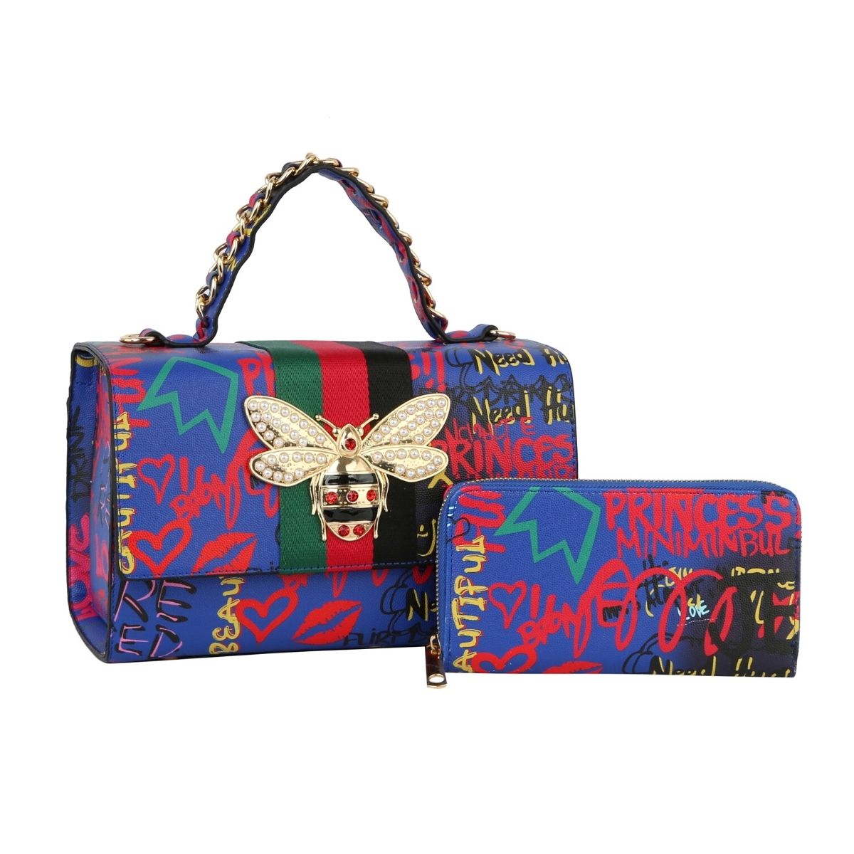 Designer Blue Graffiti Satchel Bag Set