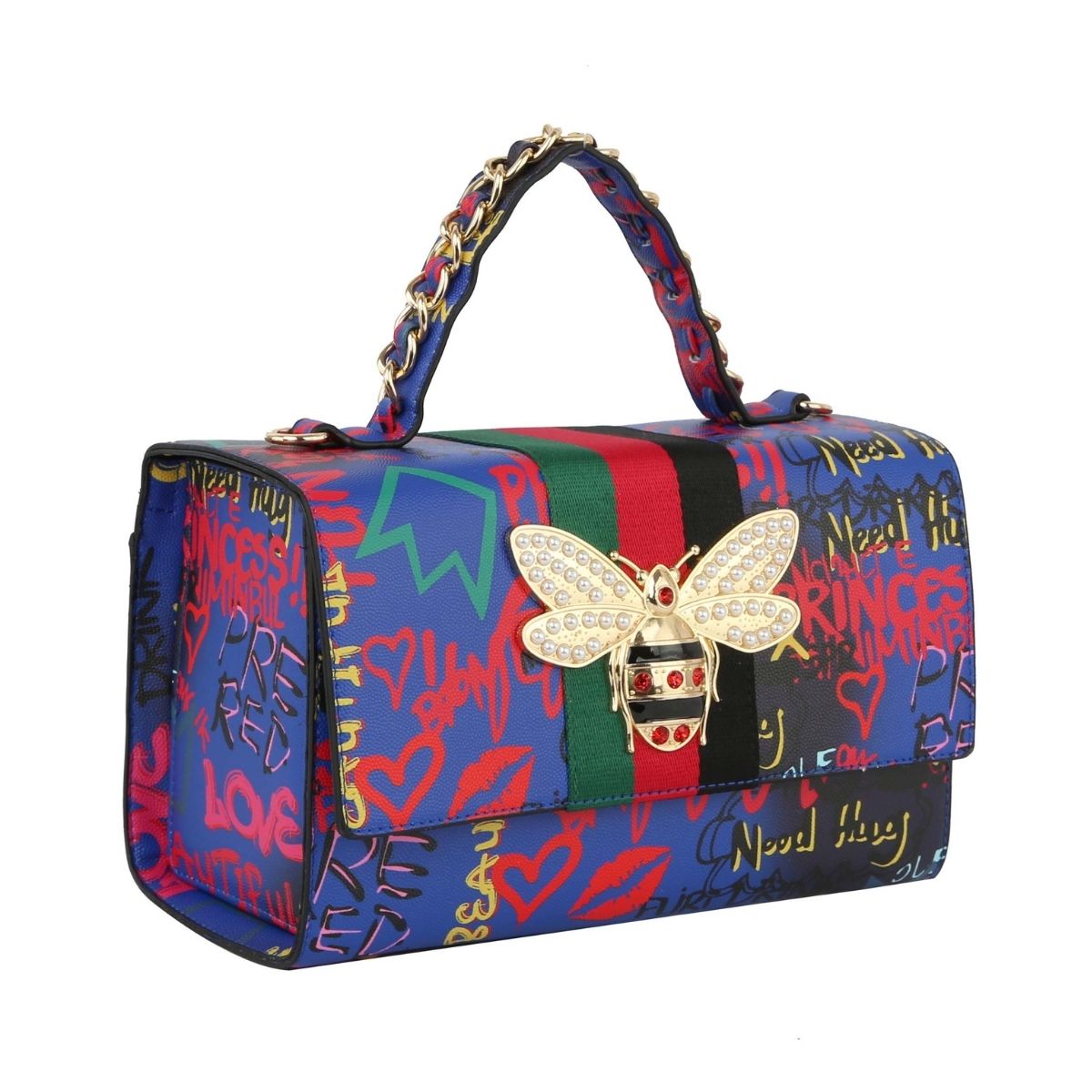 Designer Blue Graffiti Satchel Bag Set